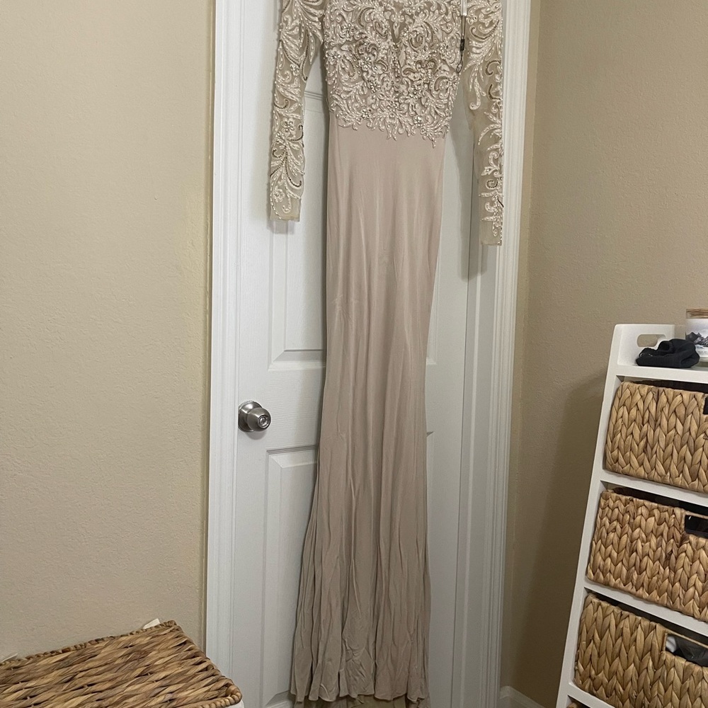Modest Cream Beaded Dress Open Back (Hijabi Friendly Dress)